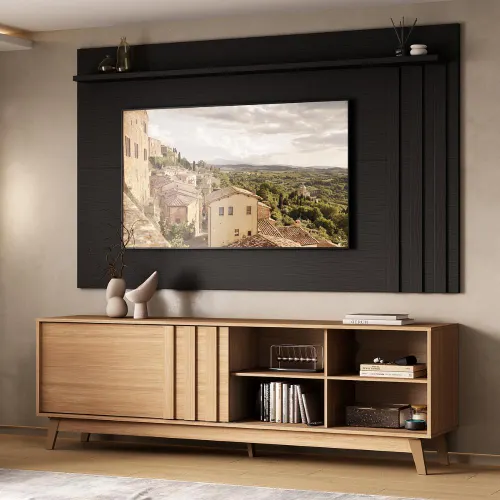 Conjunto Rack Cedro e Painel Parede Preto Touch Ventura Carraro