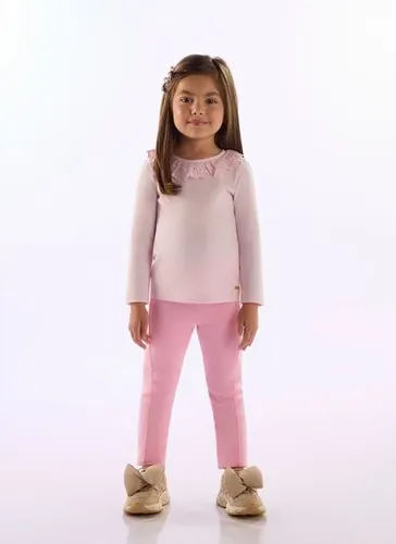 Blusa Infantil Feminina com Gola de Renda Rosa
