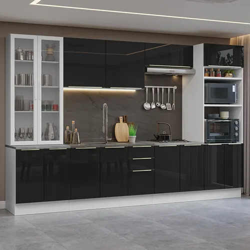 Armário de Cozinha Completa 340 x 60 cm Branco/Preto Lux Madesa 02