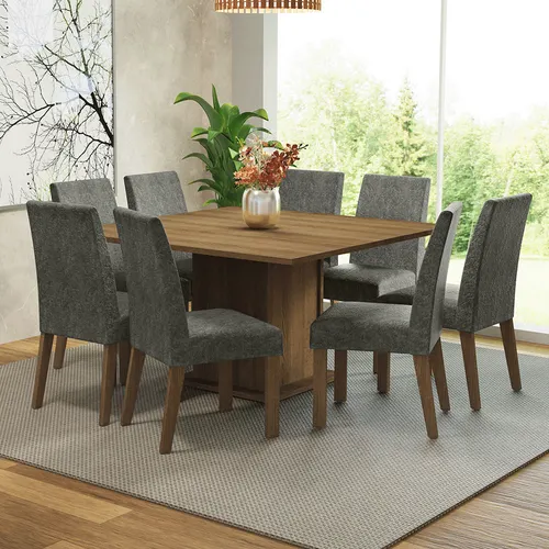Conjunto Sala de Jantar Mesa Tampo de Madeira 8 Cadeiras Rustic/Silver Doris Madesa