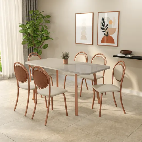Conjunto Sala de Jantar 6 Cadeiras Louts Carraro Off White Rosê