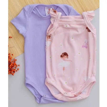 Kit 2 Body Bebê Infantil Verão Manga Curta Lilás Liso Regata Rosa Babado Bailarina Menina