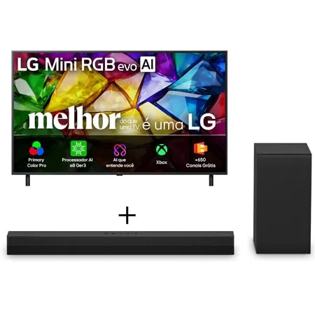 Smart TV LG Mini RGB evo AI 4K MRGB85 65 polegadas 2026 + Soundbar LG S40T - 300W RMS, 2.1 Canais, Dolby Digital, Sem fios, Bluetooth 5.3, Entrada Óptica, HDMI, AI Sound Pro - 65MRGB85.S40T
