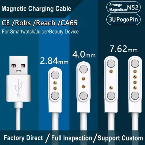 Cabo de Carregamento Magnético Branco USB 2 pinos 4 pinos 5 pinos Dock Carregador para Smartwatch Infantil, Dispositivo de Beleza, Liquidificador, Escova de Dentes