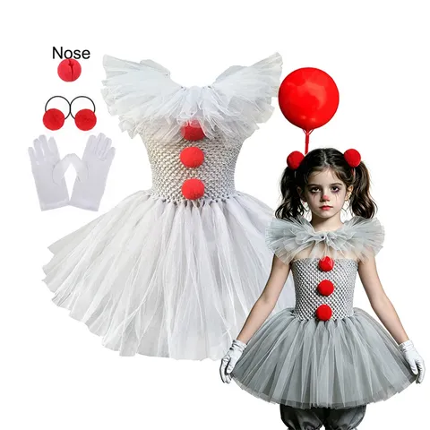 Vestido de Palhaço Assustador para Meninas, Sem Mangas, com Babados e Tule, Acessórios Completos, Fantasia de Halloween para Festa de Cosplay Infantil