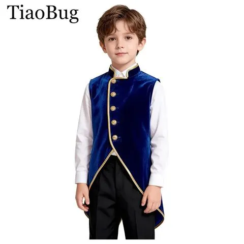 Jaqueta Vintage Medieval Renascentista para Meninos com Acabamento Metálico, Colete de Veludo Gótico Steampunk Vitoriano, Tuxedo para Cosplay de Halloween