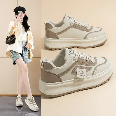 Novos Tênis Femininos de Couro 2026: Moda, Tendência, Estilo Estudantil, Sola Grossa Antiderrapante, Cores Mistas, Calçados Casuais Femininos para Corrida
