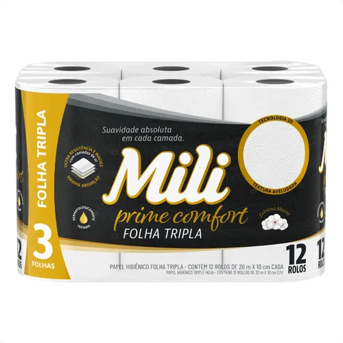 Papel Higiênico 20m Mili Folha Tripla Prime Comfort com 12 rolos