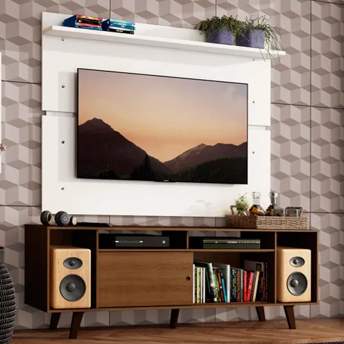 Rack Madesa Cancun com Pés e Painel para TV até 65 Polegadas Rustic/Branco 5Z9B