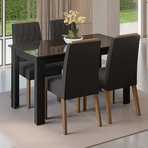 Conjunto Sala de Jantar Tampo de Vidro 4 Cadeiras Rustic/Preto/Oxford Pétala Madesa