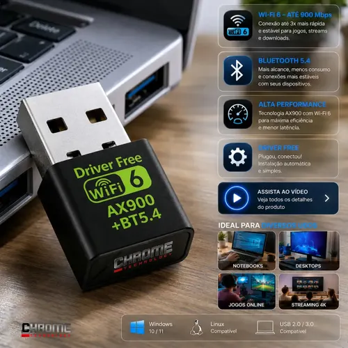 Adaptador Usb Wifi 6 Bluetooth 5.4 Alta Velocidade Placa Wi-fi Blueetoth Adaptador Wi-fi Pc Placa Wifi Pc notebook etc Adaptado Wireless sem Fio Receptor Internet Marca Chrome Technology