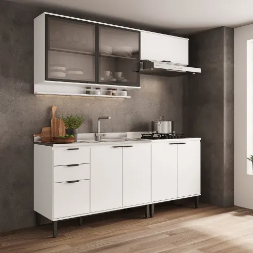 Armário de Cozinha Completa c Balcão Miami Boost Carraro Branco