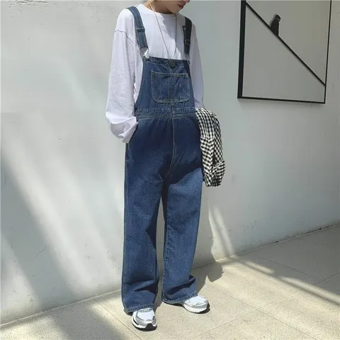Macacão de ganga para homem, estilo japonês retro, corte folgado, pernas retas, suspensórios ajustáveis, calças casuais para uso diário.