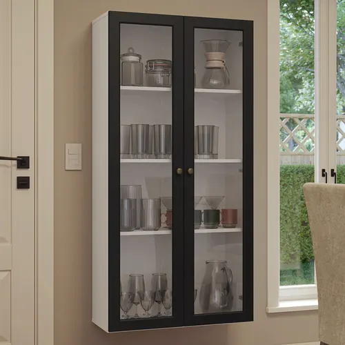 Cristaleira Suspensa 70 cm 2 Portas de Vidro Branco/Preto Vik Madesa