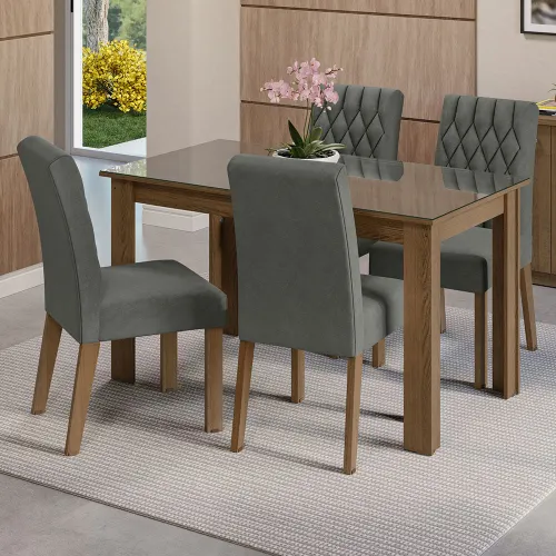 Conjunto Sala de Jantar Mesa Tampo de Vidro 4 Cadeiras Rustic/Silver Celina Madesa