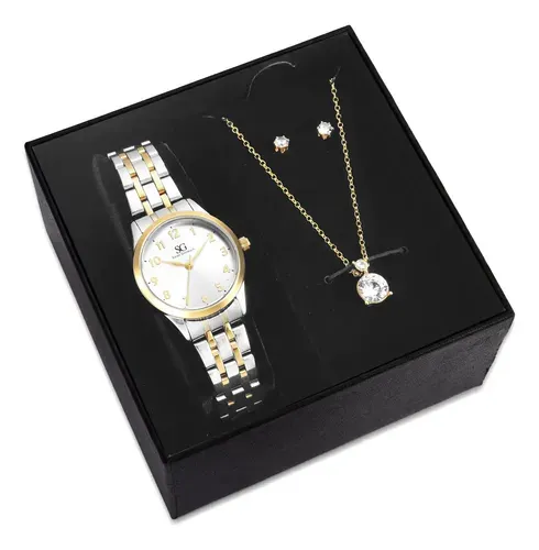 Kit Relógio Colar e Brincos Ponto de Luz Dourado e Prateado Feminino Luxo Saint Germain 28mm