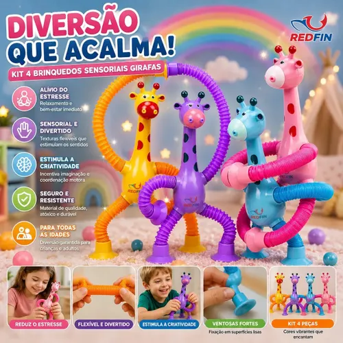 Kit 4 Girafas Sensoriais Pop Tube com Ventosa para Alívio do Estresse, de Redfin