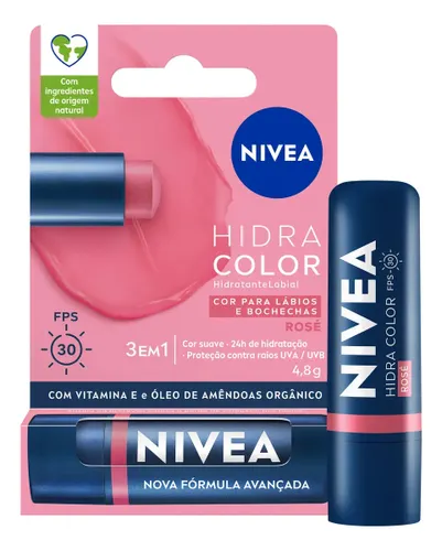 NIVEA Hidratante Labial Hidra Color 3 em 1 Rosé 4,8g, Cor Intensa, Hidratação 24h, Proteção UVA/UVB, Lábios e Bochechas