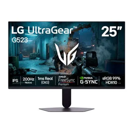 Monitor LG UltraGear™ 25G523B - 200Hz Nativo, Tela IPS 25", 1ms real (GtG), NVIDIA G-SYNC, AMD FreeSync Premium™, HDR10, sRGB 99%, HDMI, DisplayPort, Saída para fone de ouvido - 25G523B-B