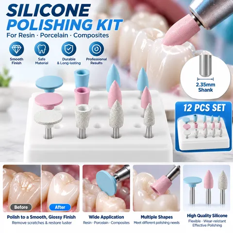 Kit de polimento de silicone com 12 peças/caixa, RA 2,35mm para polimento de resina, porcelana e compostos com peça de mão de baixa velocidade, ferramenta de laboratório.