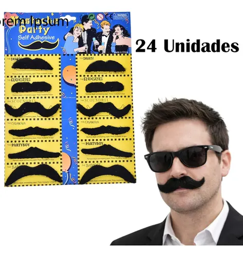 Bigode Falso Adesivo Kit com 24 Unidades Preto para Festas