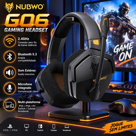 NUBWO G06 Headset Gamer sem Fio 2.4GHz Bluetooth 5.3 Estéreo Modo Duplo com Microfone para PS5 PS4 PC Switch Celular Notebook, Fone de Ouvido para Jogadores