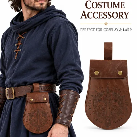 Bolsa de cintura medieval de couro sintético para o Halloween, bolsa de cinto com rebites de estilo vintage, acessório para fantasias de cosplay.