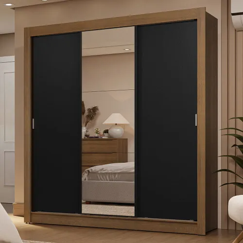 Guarda-Roupa Casal 3 Portas de Correr com Espelho 2 Gavetas Rustic/Preto Sublime Madesa
