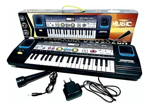 Teclado Elétrico Musical Infantil com Microfone e Fonte Cor Preto