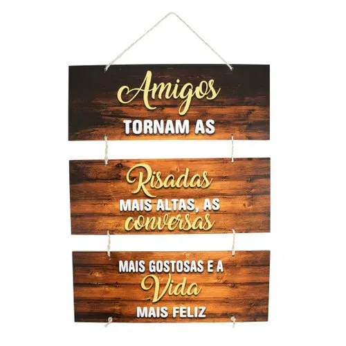 Placa Decorativa Frase Amigos Risadas Mdf com Corda 70x40 Cm
