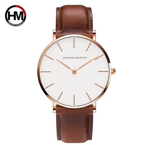 Hannah martin marca moda japão relógios de pulso quartzo prata marrom couro masculino relógio à prova dwaterproof água vestido masculino casual