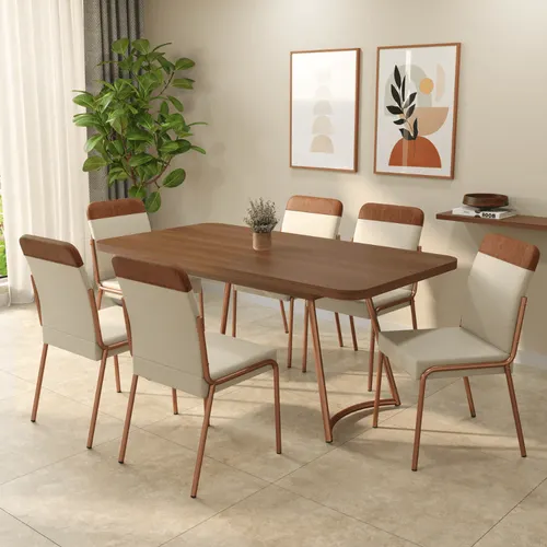Conjunto Sala de Jantar 6 Cadeiras Azaleia Carraro Nogal Rosê
