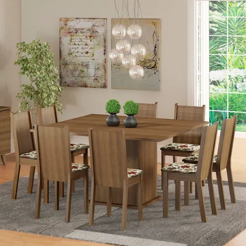 Conjunto Sala de Jantar Madesa Clarice Mesa Tampo de Madeira com 8 Cadeiras Rustic/Floral Hibiscos