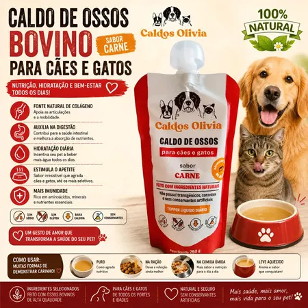 Caldo de Ossos Bovino para Cães e Gatos Olivia Natural Palatabilizante de Ração