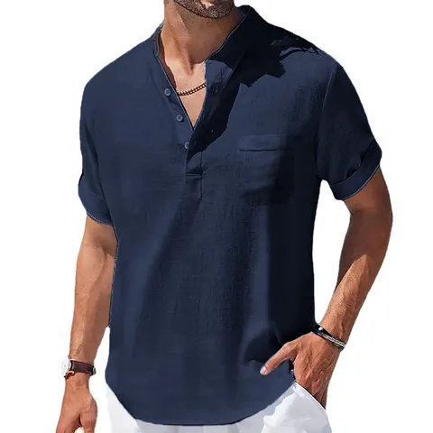 Verão novas camisas masculinas de algodão e linho de manga curta camiseta gola henry casual camisetas masculinas roupas masculinas