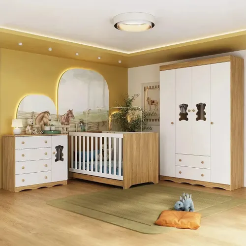 Quarto de Bebê Completo com Berço Americano 3 em 1 Doçura Multimóveis MP4646 Madeirado/Off White