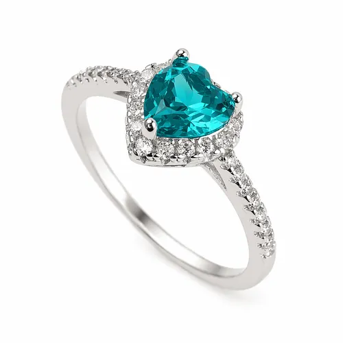 Anel Prata 7 mm Coração Esmeralda com 29 Zircônias