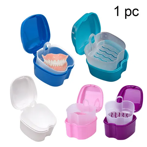 Caixa organizadora para banho de dentadura, caixa de armazenamento de dentes falsos dentários com rede suspensa, recipiente para limpeza de dentes, caixas de dentes artificiais