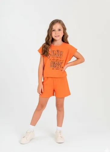 Conjunto com Blusa Cropped e Short em Ribana para Menina (Laranja) Guloseima