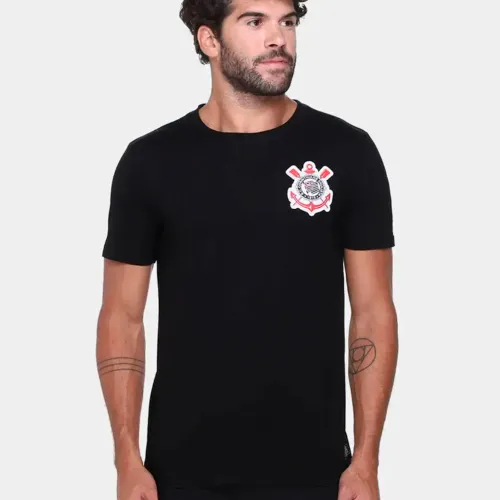 Camisa Corinthians Algodão Brasão Bordado Preta - GG