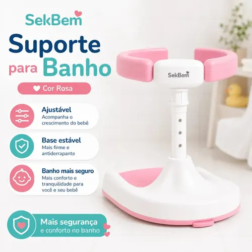 Suporte de Banho Infantil Ajustável Bebê em Pé Base Antiderrapante SekBem Rosa