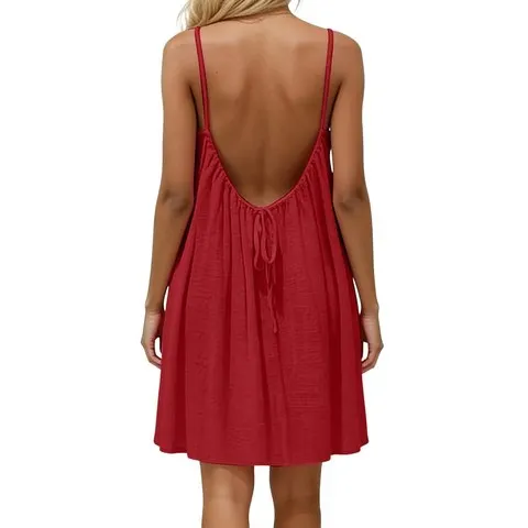 Vestido, Estilo Europeu e Americano para Férias, Vibe Elegante sem Costas, Novo Verão 2026, Cor Sólida, Alça Fina, Fluido, Modelo Evasê