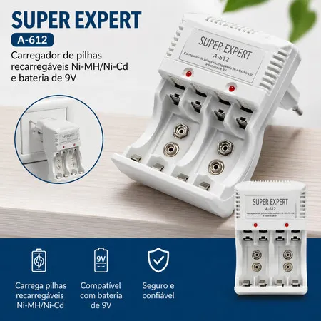 Carregador de Pilha Aa Aaa Bateria 9v Recarregável Bivolt