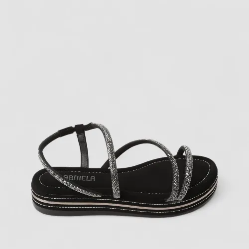 Sandália Feminina Gabriela Flatform Strass Nobuck Preto
