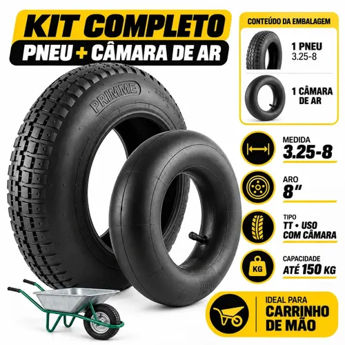 Kit Pneu 3.25-8 Reforçado Primme e Câmara de Ar para Carrinho de Mão