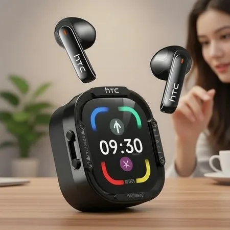  Fones de ouvido HTC NE70 com IA: Tradução em tempo real em 134 idiomas, Bluetooth 6.0, Tela sensível ao toque LED, Alta