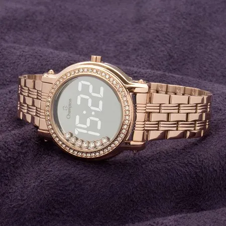 Relógio Rose Digital Champion Strass Led Branco CH48055P Original Luxo