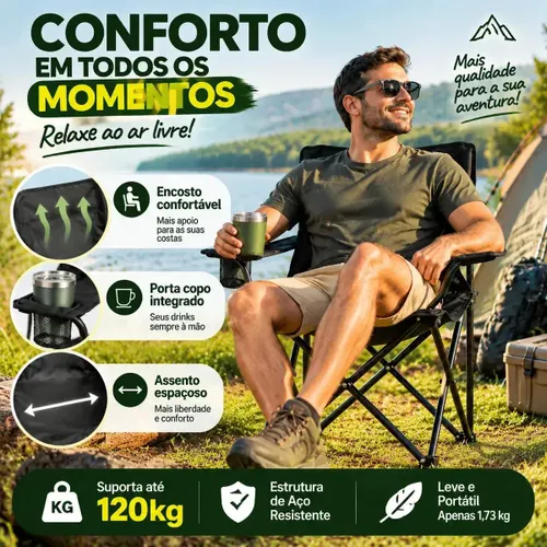 Cadeira Camping Dobrável Preto Aço Tecido Oxford 90kg com Porta-copo