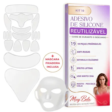 Kit Adesivo Anti Rugas Muy Bela 19 Peças – Rosto, Pescoço, Colo + Máscara Facial Reutilizável 30x Silicone Colágeno