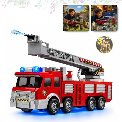Caminhão de Bombeiro Lança Água de Verdade Bate Volta Faz Som de Sirene Luz Led Carro Resgate Brinquedo Infantil Menino Marca Lar Commex